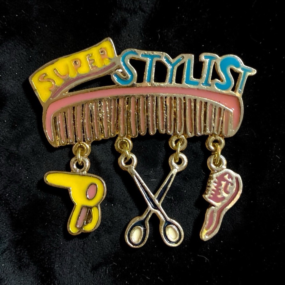 Vintage Super Stylist Brooch DM David Monn Charm Dangle Pink Yellow Blue Enamel